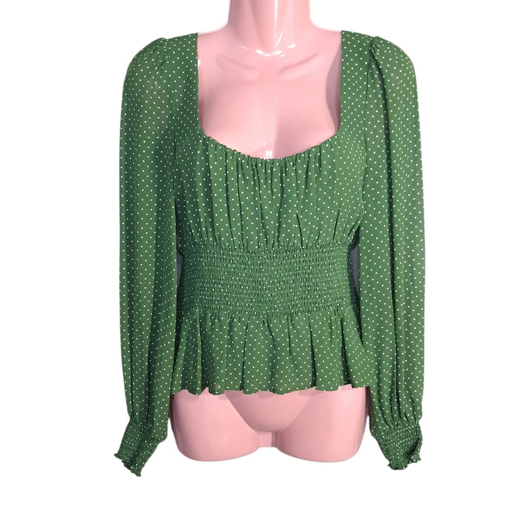 Reformation Women's Green Blouse 8‎ Long Sleeves Polka Dots Lined 100% Viscose